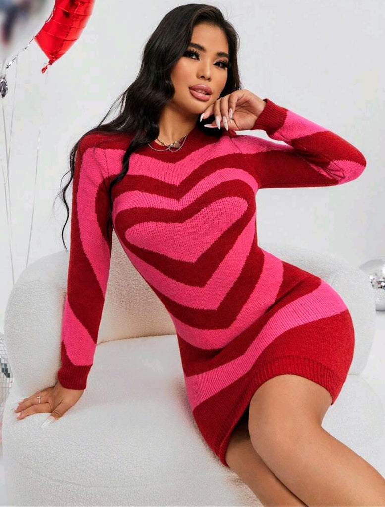 pink sweater dress with red hearts Lace & Beads exclusive square neck tiered mini dress in pink and red heart