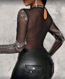 Rhinestone Studded Mesh Bodysuit