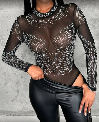 Rhinestone Studded Mesh Bodysuit