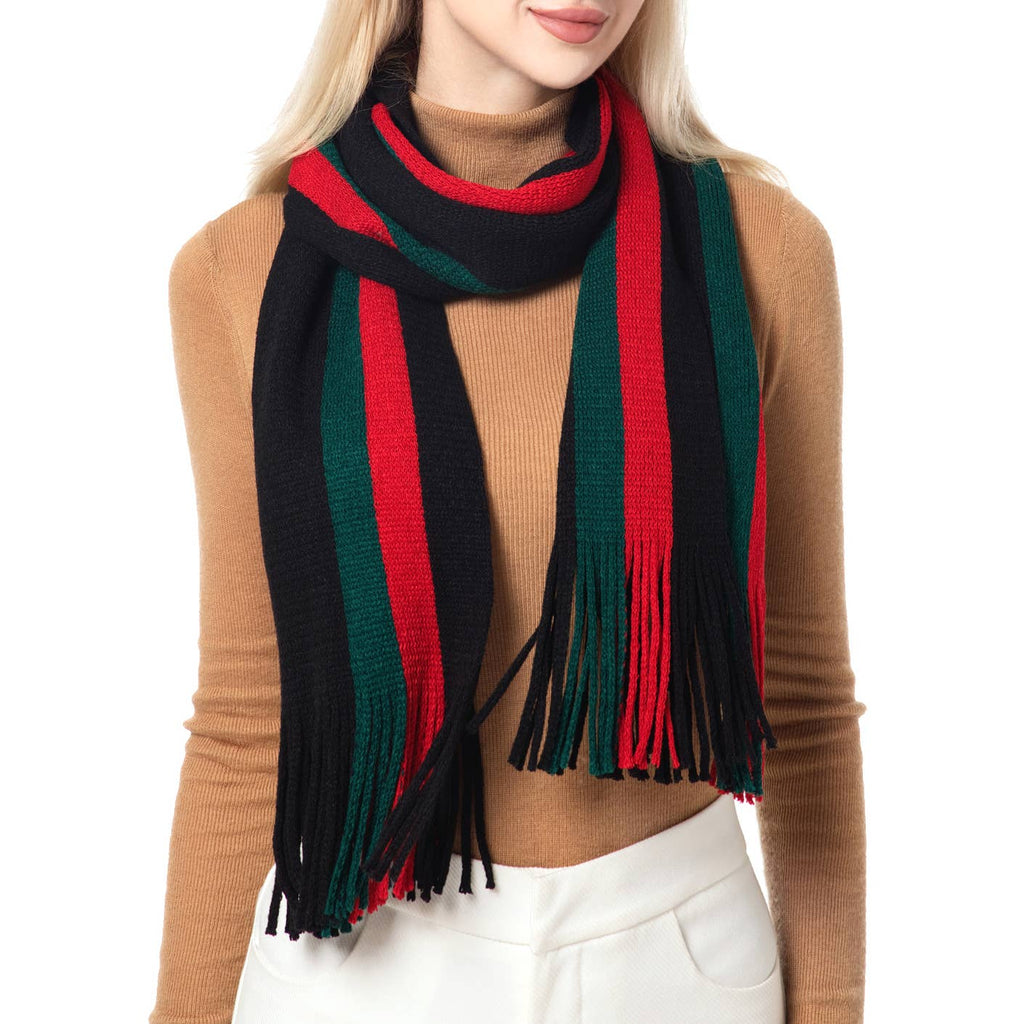 Knit Green Red Stripe Pattern Scarf - Main Image
