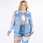 PLUS SIZE DISTRESSED ALL OVER DENIM JACKETS